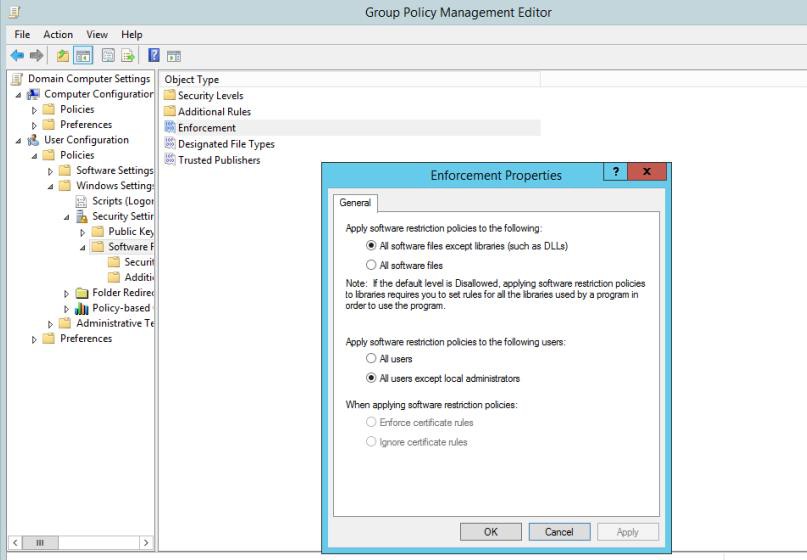 Viene visualizzato l'editor di gestione dei criteri di gruppo di Windows con le proprietà di imposizione.