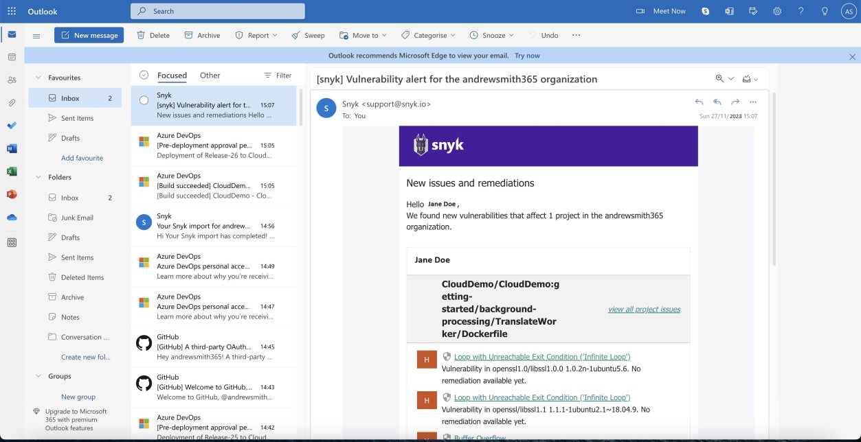 Email notifica che identifica i problemi e le correzioni.