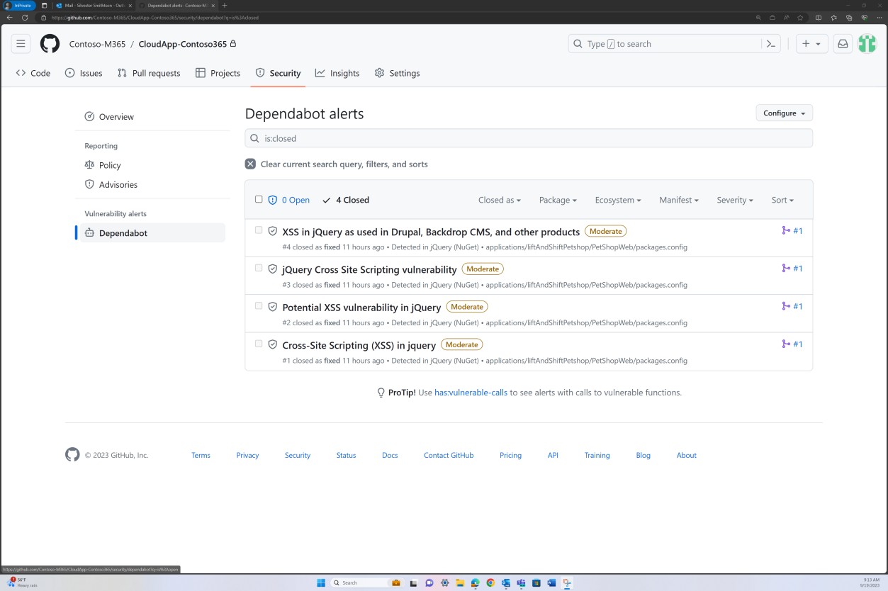 Avvisi di GitHub per dependabot con 4 avvisi aperti con etichette di gravità moderate.