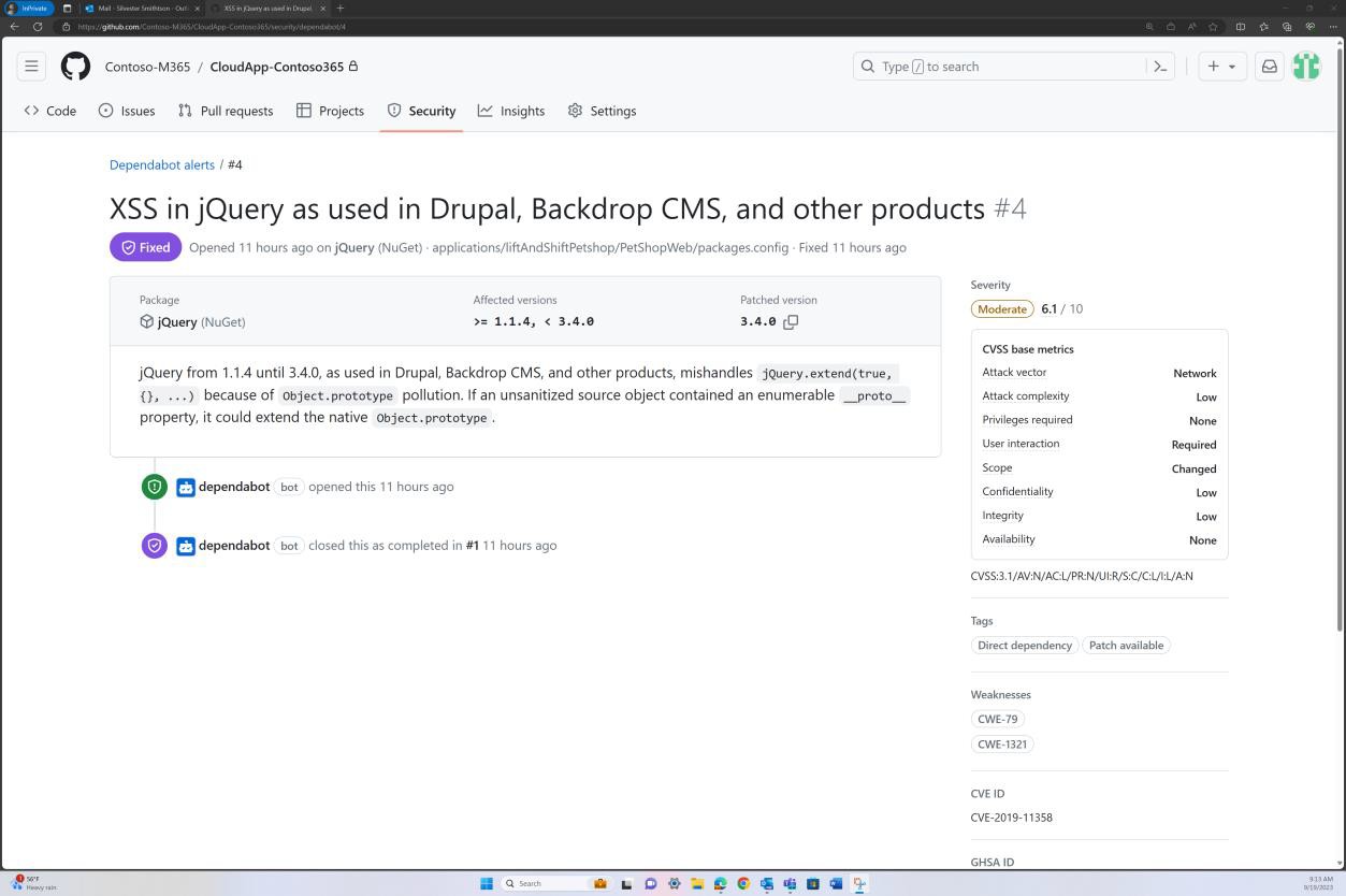 Avvisi di GitHub per XSS in jQuery usati in drupal, cms dello sfondo e altri prodotti. L'avviso è elencato come corretto 11 ore fa.
