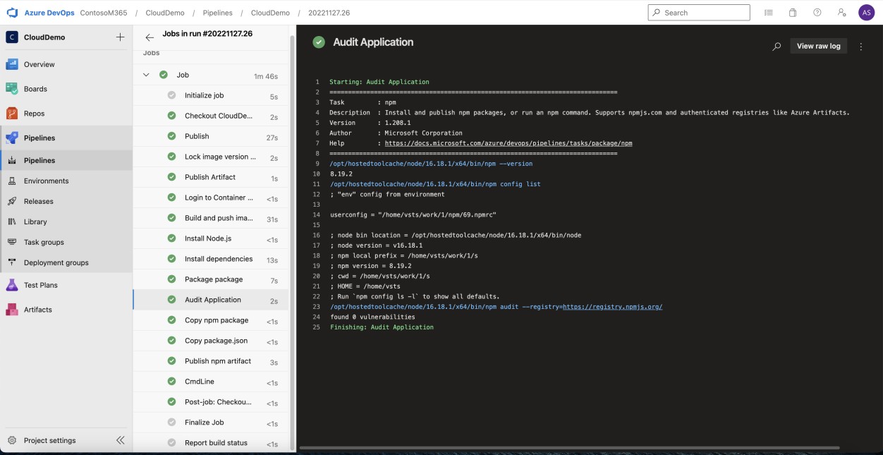 Azure'applicazione di controllo DevOps Pipelines esegue i risultati.