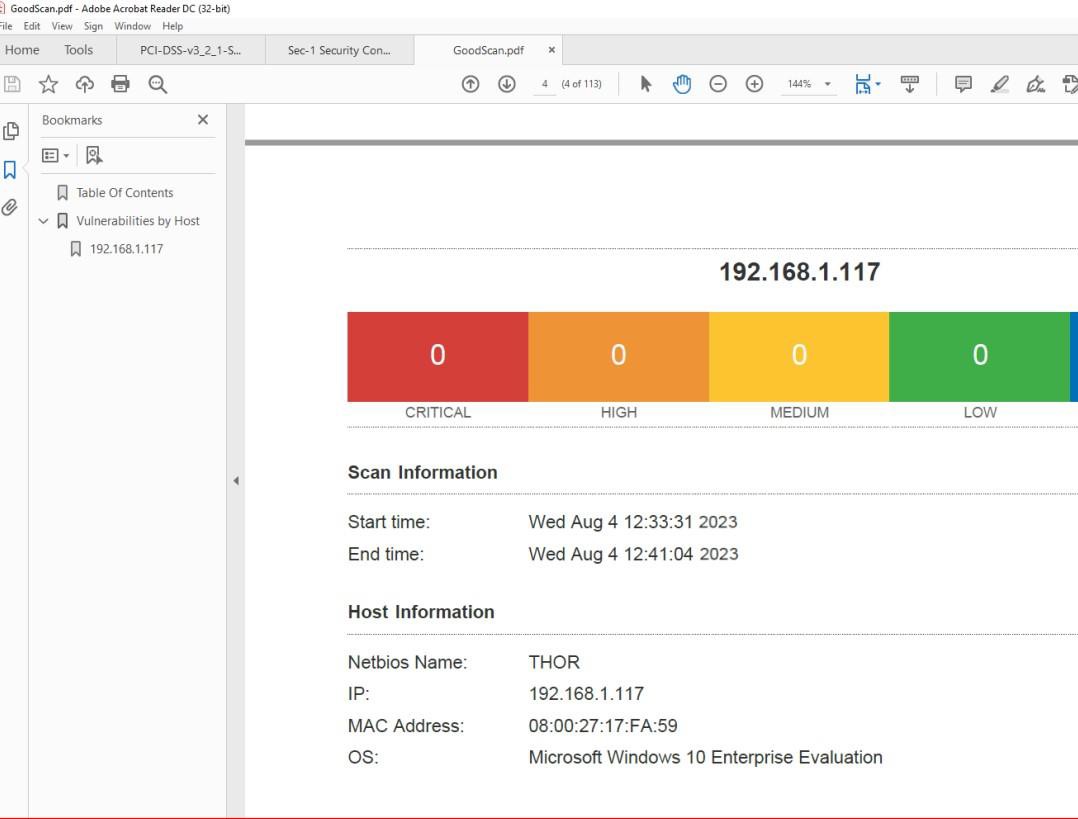 Il pdf del report sulla vulnerabilità di Nessus non mostra vulnerabilità rilevate.