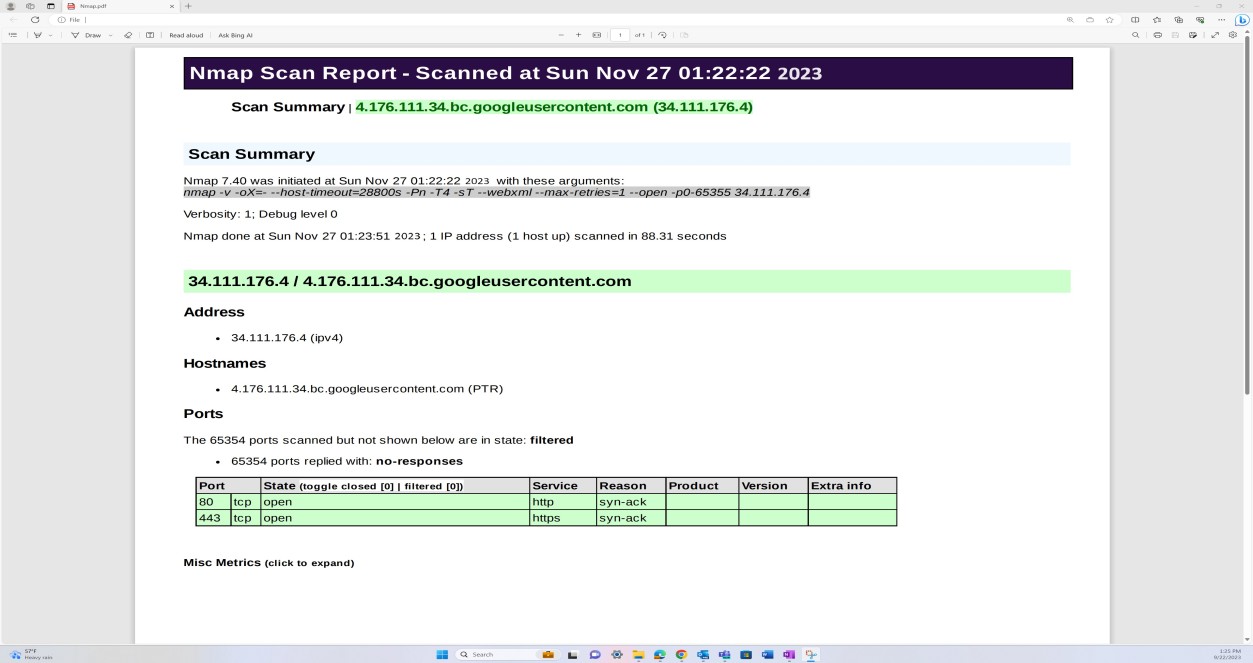 Report di analisi del mapping di rete con riepilogo, indirizzo, nomi host e porte.