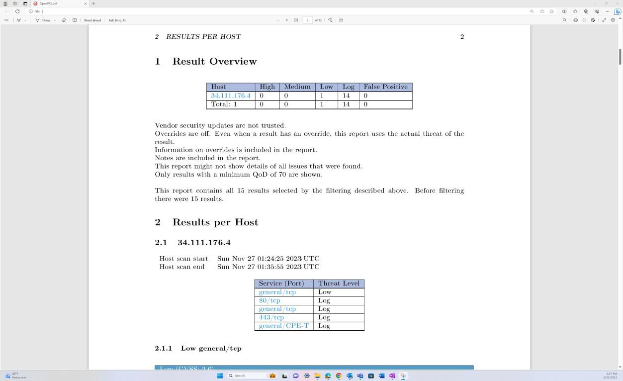 Risultati del report sulla vulnerabilità PDF da OpenVAS.