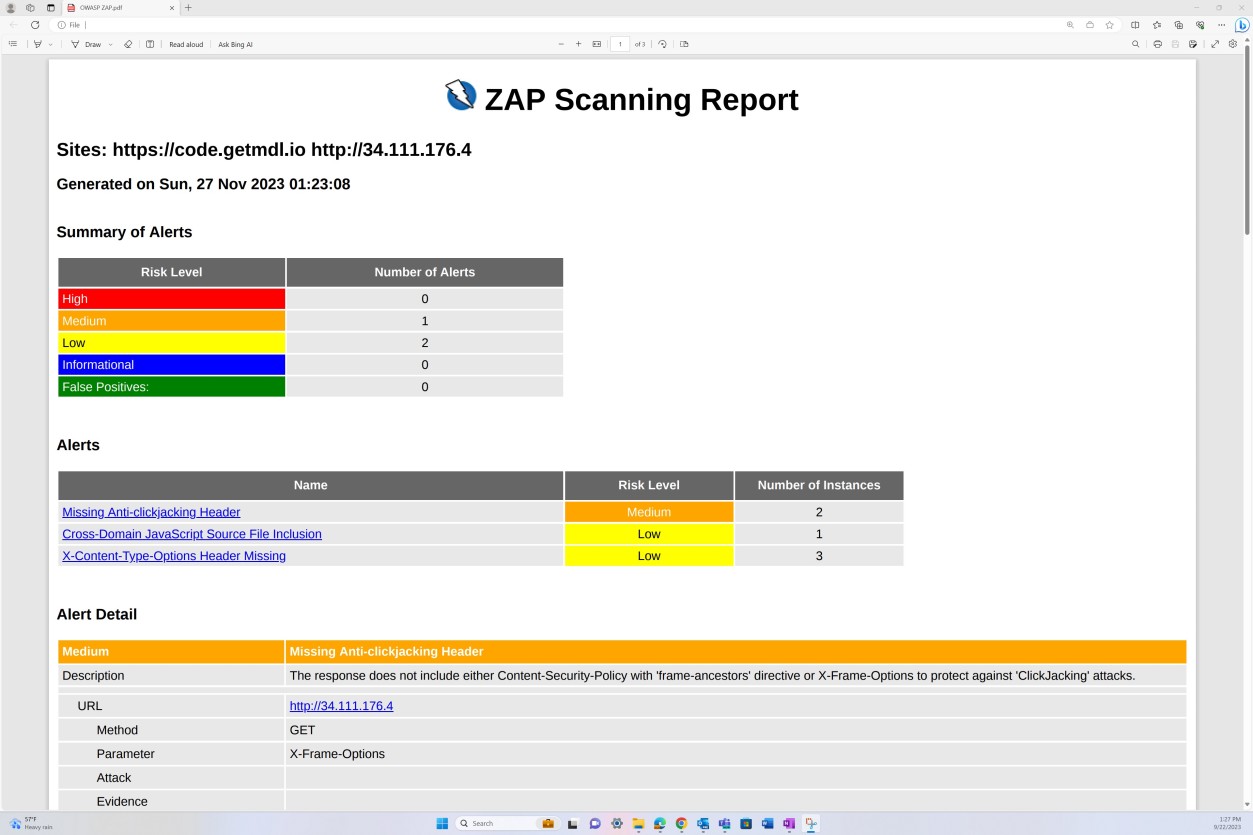 Intestazione del report di analisi ZAP con riepilogo degli avvisi, elenco e dettagli degli avvisi trovati.