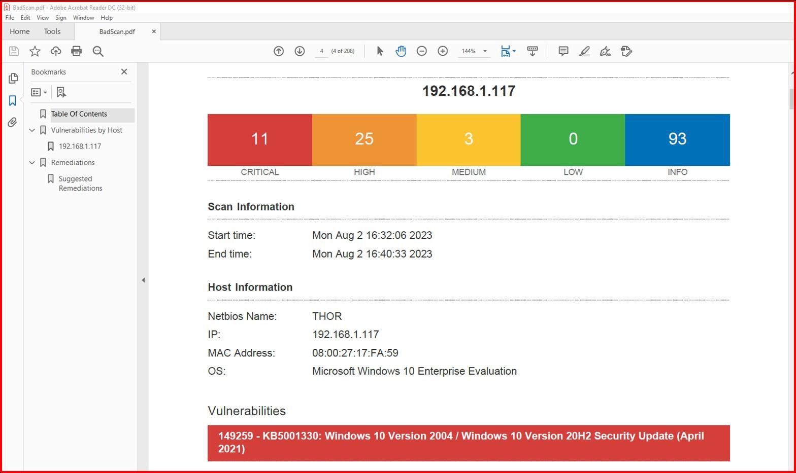 Riepilogo del report di analisi di Nessus che mostra il numero di vulnerabilità elencate da critico a info.