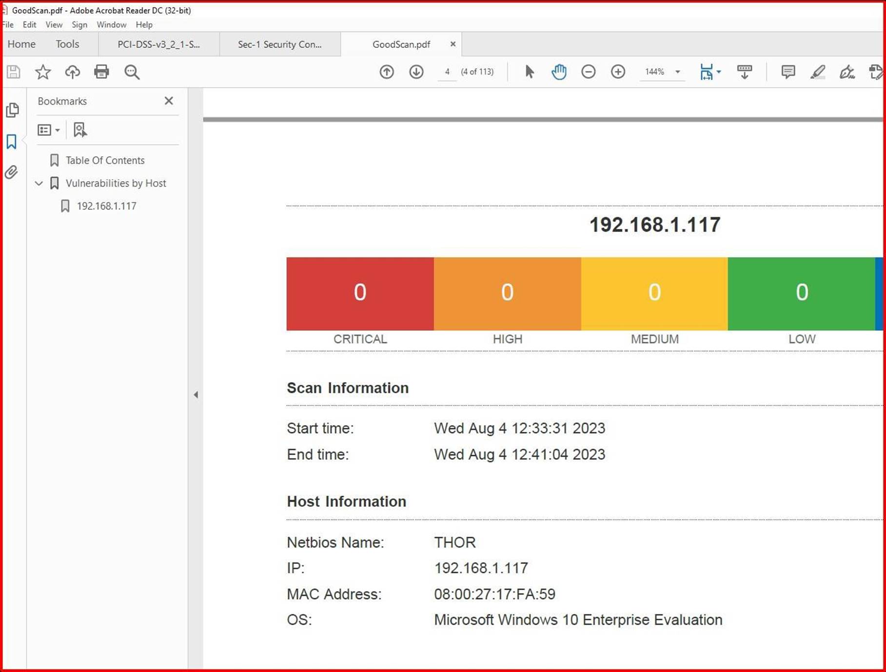 Report di analisi di Nessus con informazioni sull'analisi e sull'host.