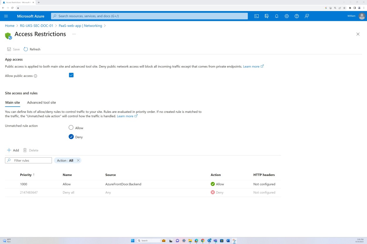 Azure restrizioni di accesso, tra cui l'accesso alle app, l'accesso al sito e le regole, con filtri per priorità, azione e intestazioni HTTP.