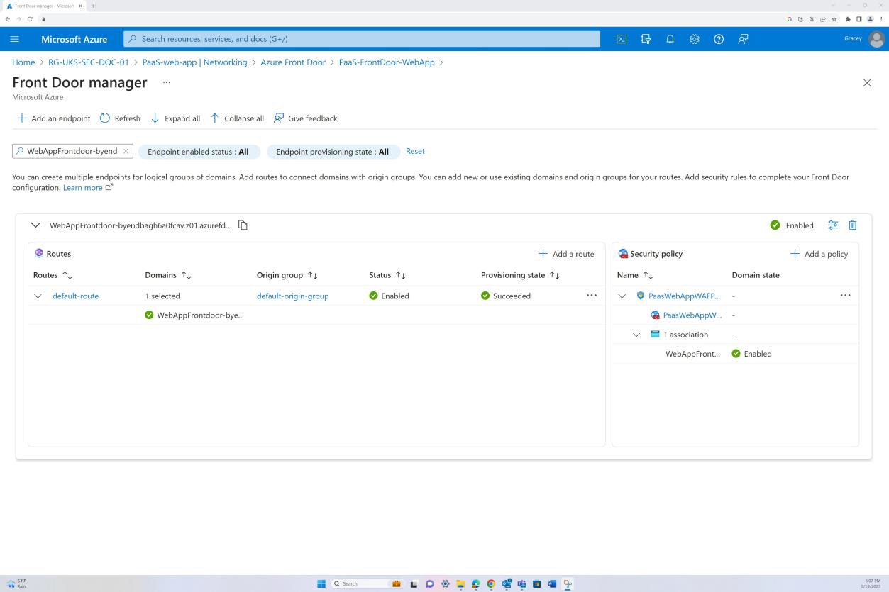 Azure gestione frontdoor con route e criteri di sicurezza.