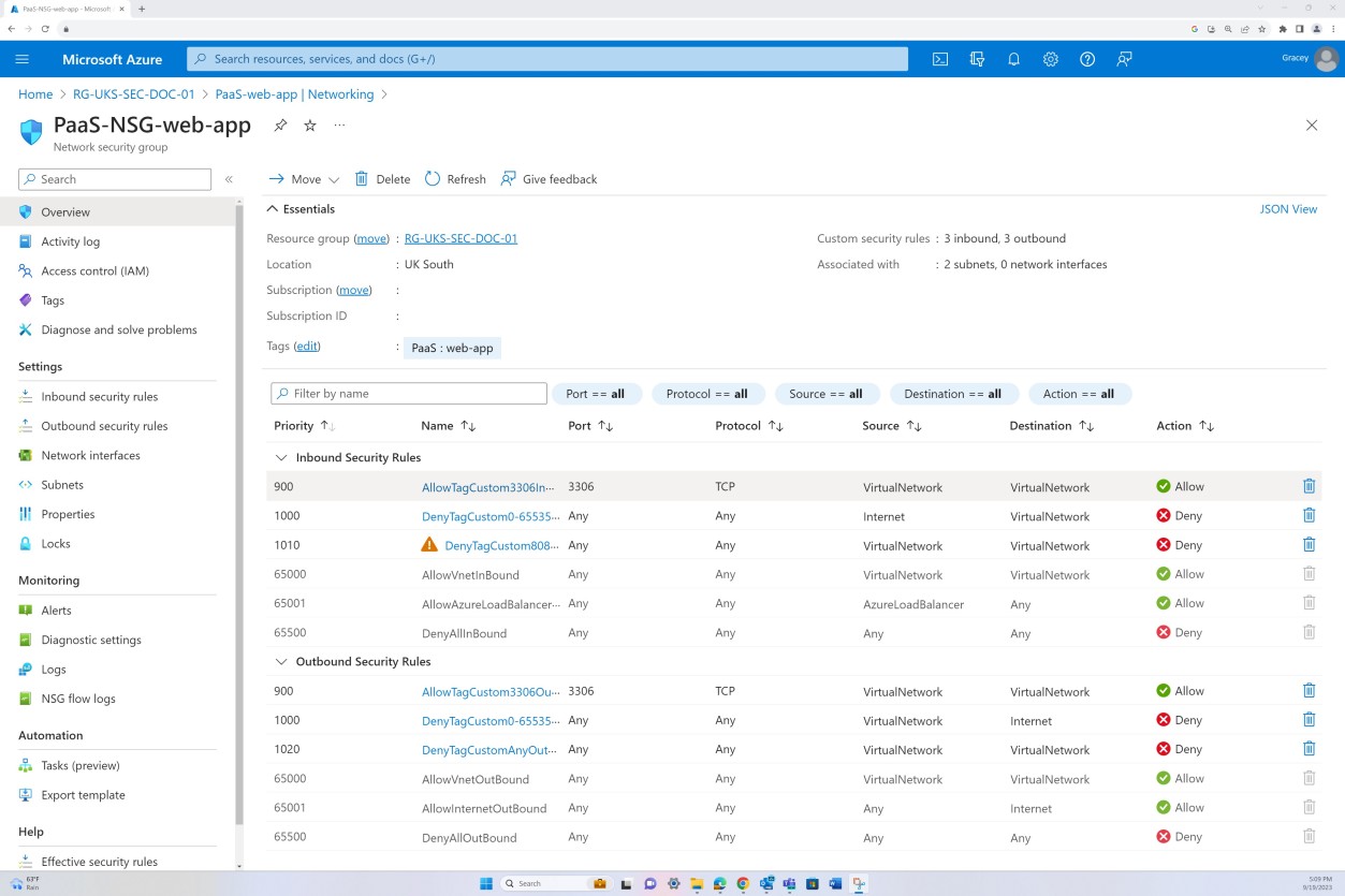 Azure panoramica paas-NSG-web-app di rete con le regole di sicurezza in ingresso e in uscita elencate.