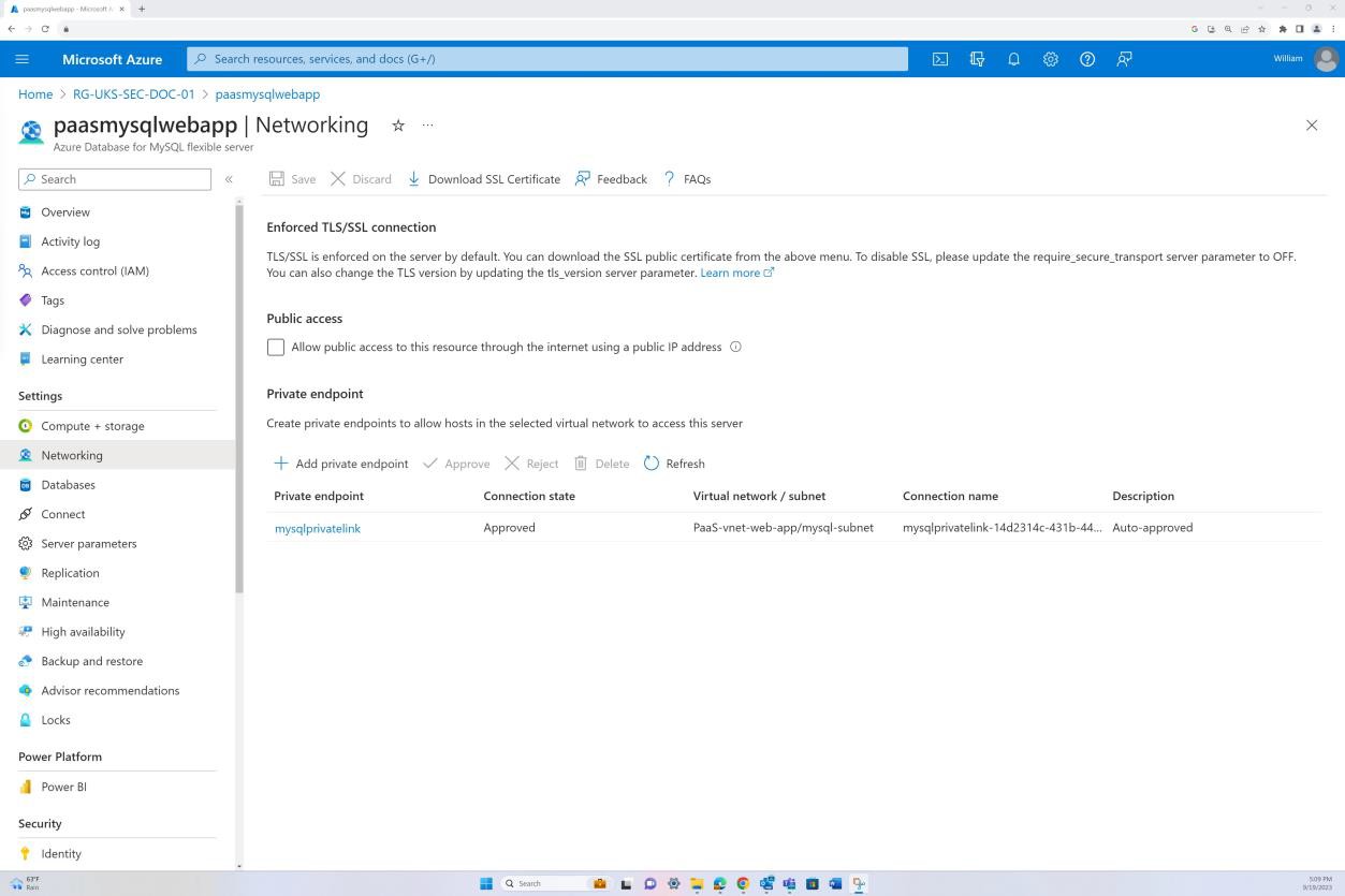Azure rete per pasysqlwebapp con connessione TLS/SSL applicata, accesso pubblico deselezionato.