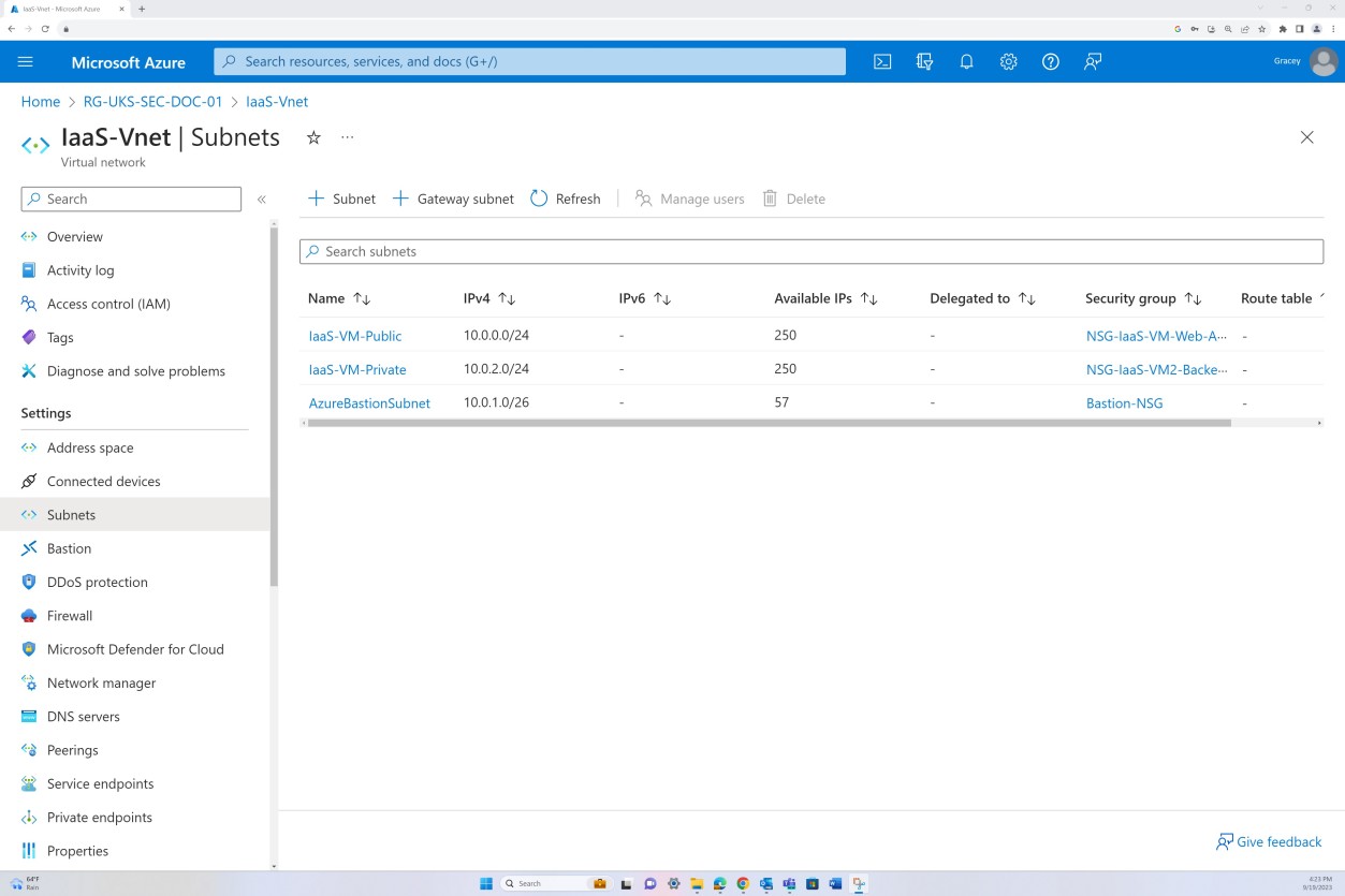Azure Subnet, IaaS-Vnet Subnet con voci Public, Private e AzureBastionSubnet.
