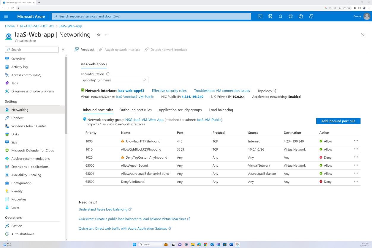 Azure rete per IaaS-VM-Backend con elenco di interfacce di rete, regole delle porte in ingresso e un elenco di protocolli. La porta 443 è elencata come consentita.