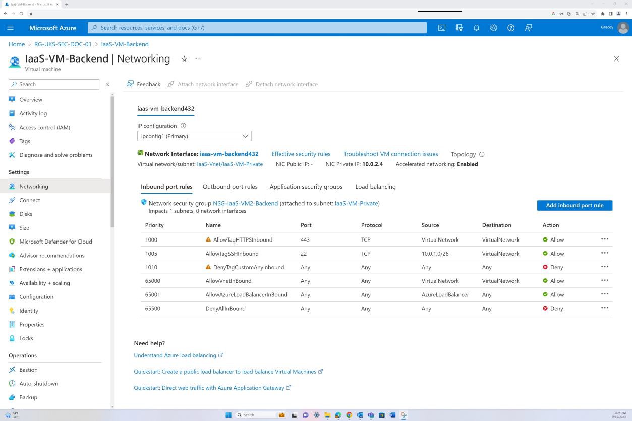 Azure rete per IaaS-VM-Backend con elenco di interfacce di rete, regole delle porte in ingresso e un elenco di protocolli.