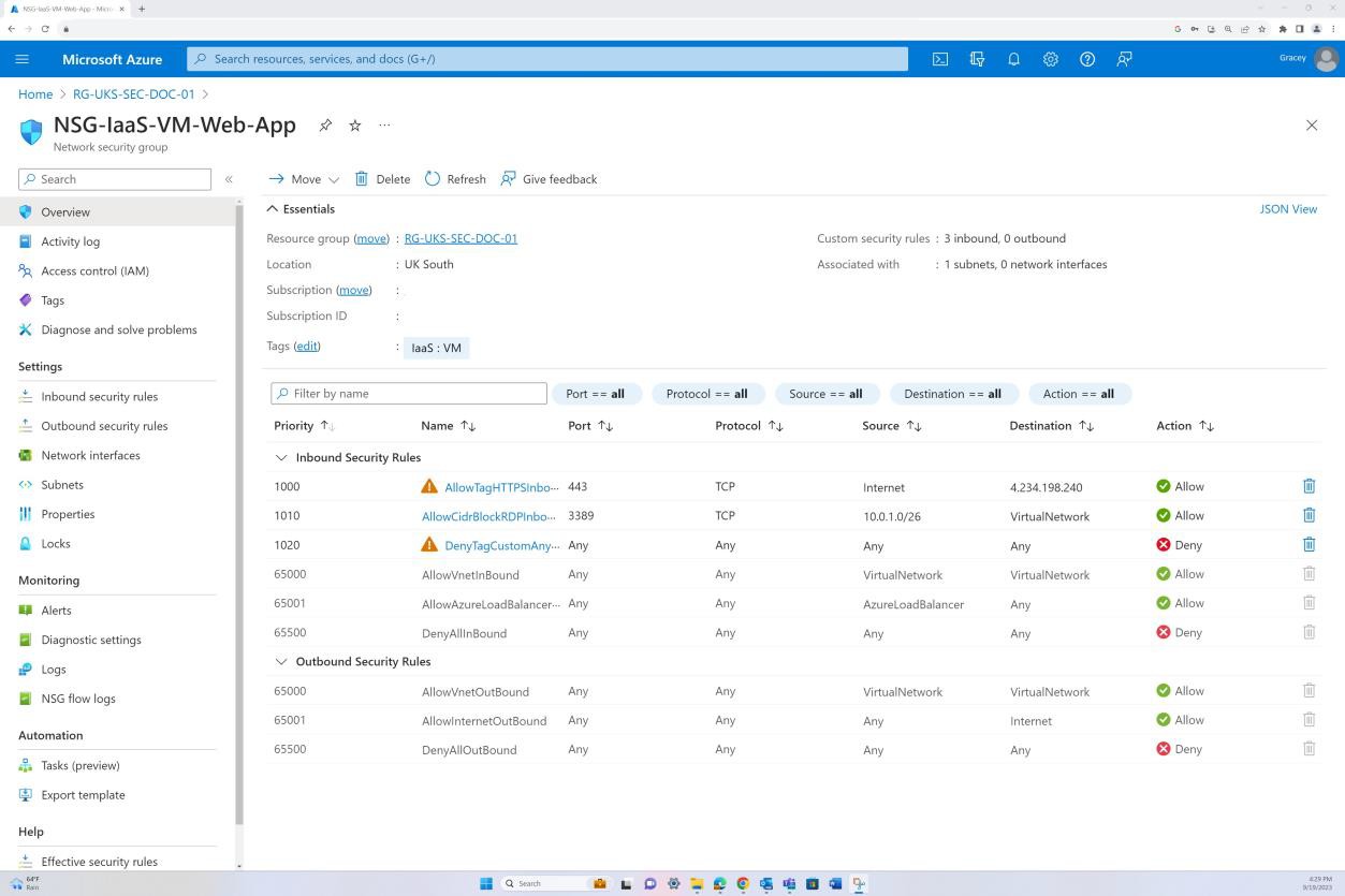 Azure panoramica del gruppo di sicurezza di rete con dettagli essenziali ed elementi di riga delle regole di sicurezza in ingresso/in uscita.