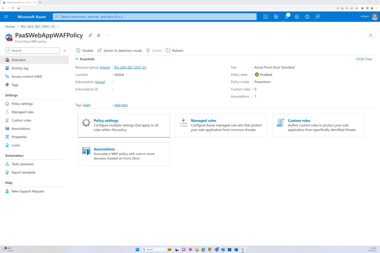 Azure panoramica dei criteri WAF frontdoor con informazioni di base e collegamenti alle impostazioni dei criteri, alle regole gestite, alle regole personalizzate e alle associazioni.