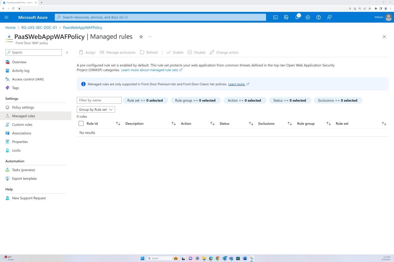 Azure panoramica delle regole gestite di Frontdoor con 0 risultati.