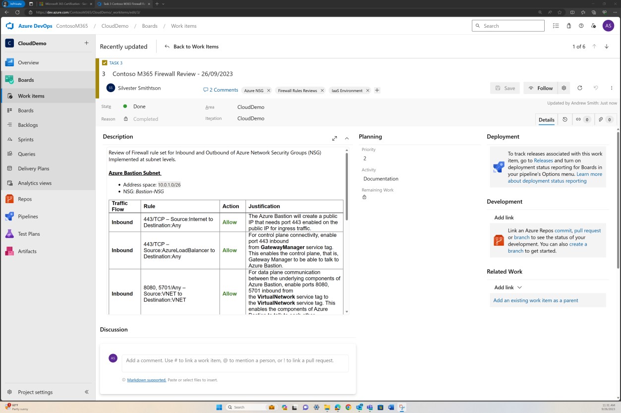 Azure DevOps Contoso M365 Firewall Review con descrizione del set di regole di revisione con in ingresso, in uscita, azione e giustificazione.