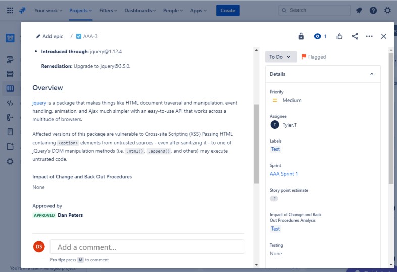 Panoramica dei bug dei ticket Jira, l'impatto delle procedure di modifica e di backup e approvazione. Con priorità media.