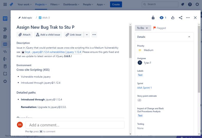 Jira ticket assegna il nuovo bug Trak, che mostra descrizione, ambiente, percorsi dettagliati e dettagli sui bug.