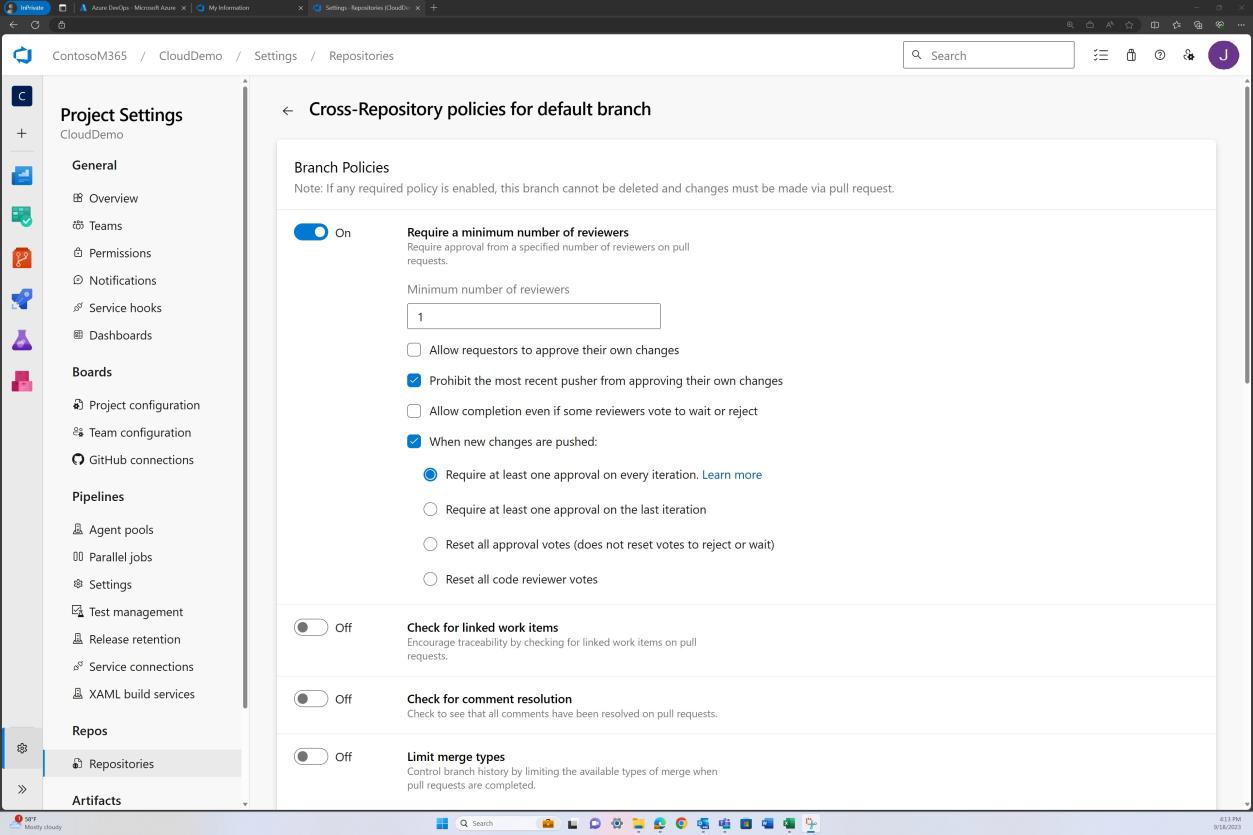 Azure i repository delle impostazioni del progetto DevOps con criteri di ramo richiedono un numero minimo di revisori controllati.