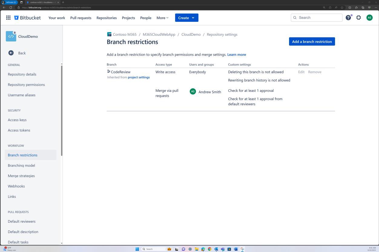 Impostazioni del repository di restrizioni del ramo Bitbucket.