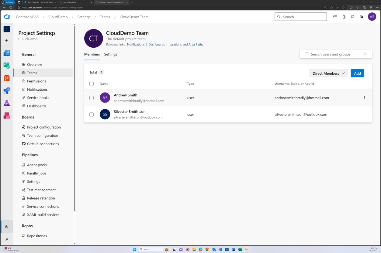 Azure impostazioni del progetto DevOps teams per CloudDemo Team che mostra due utenti.