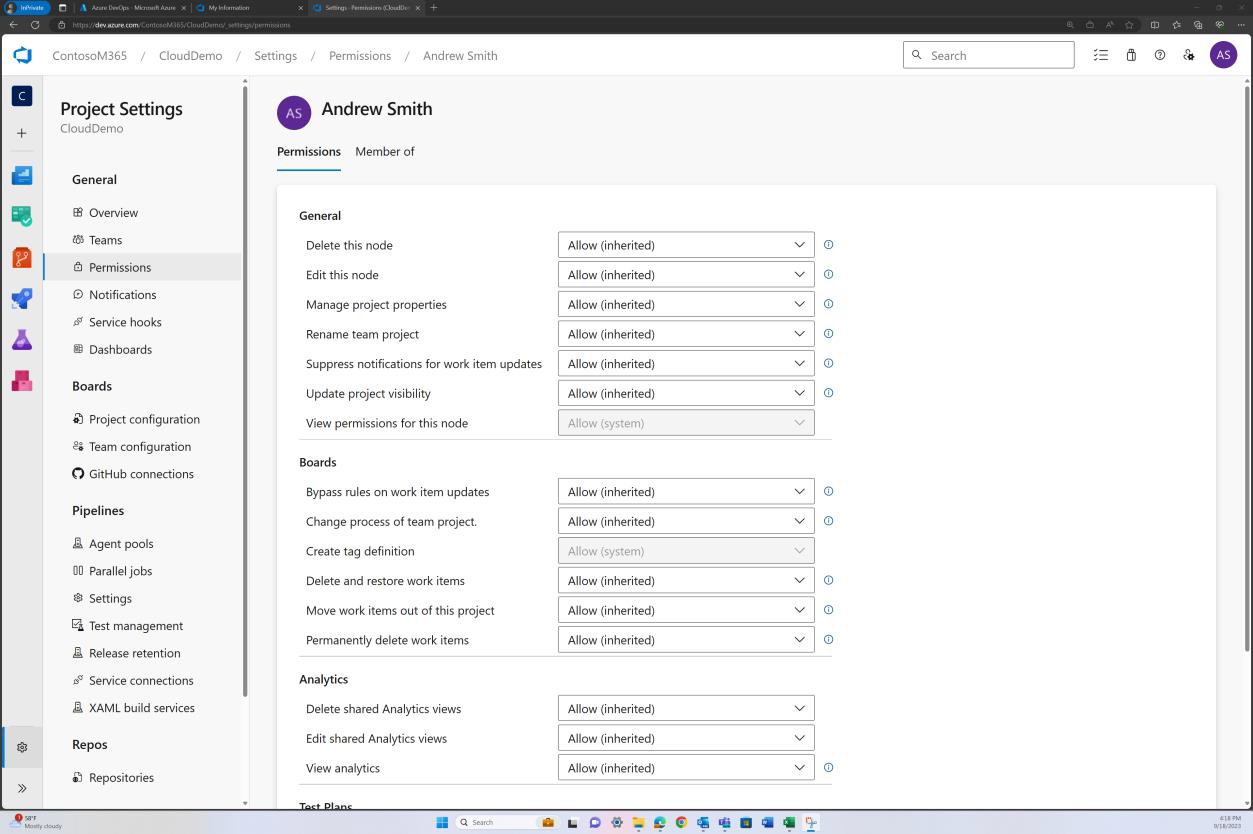 Azure impostazioni del progetto di autorizzazioni DevOps per Andrew Smith.