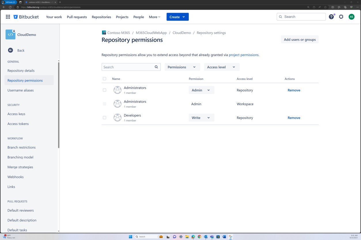 Autorizzazioni del repository Bitbucket che mostrano due amministratori e uno sviluppatore come membri.