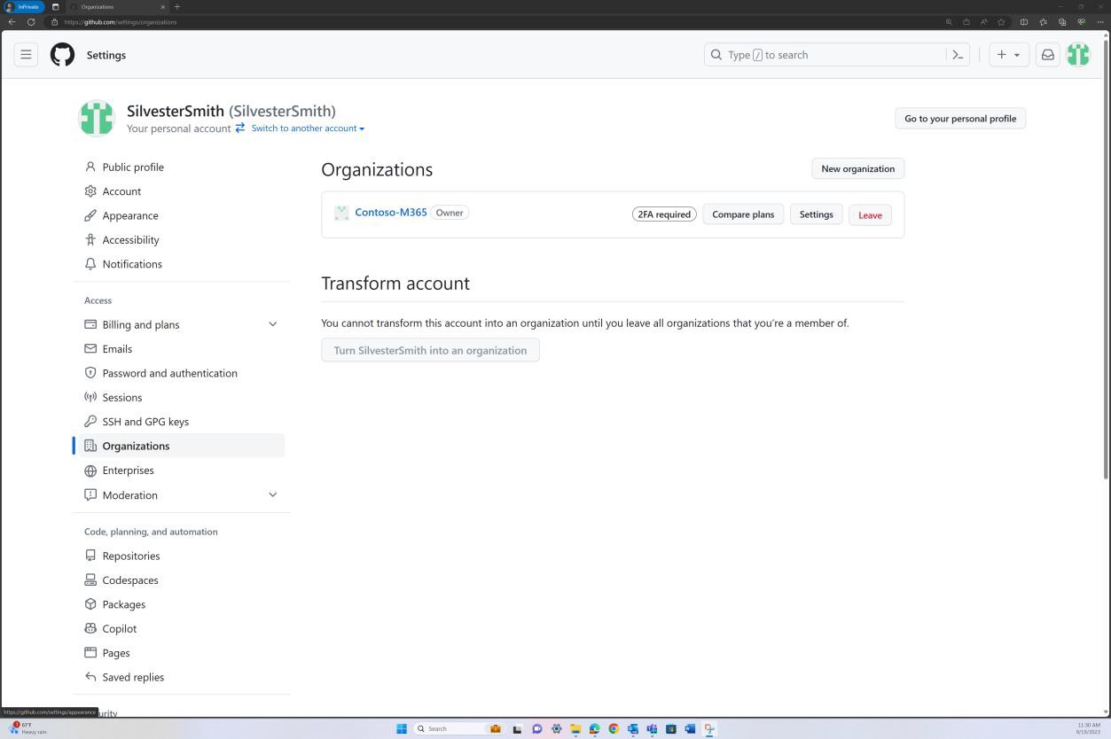 Pagina delle organizzazioni di GitHub per l'utente SilvesterSmith appartenente all'organizzazione Contoso-M365.
