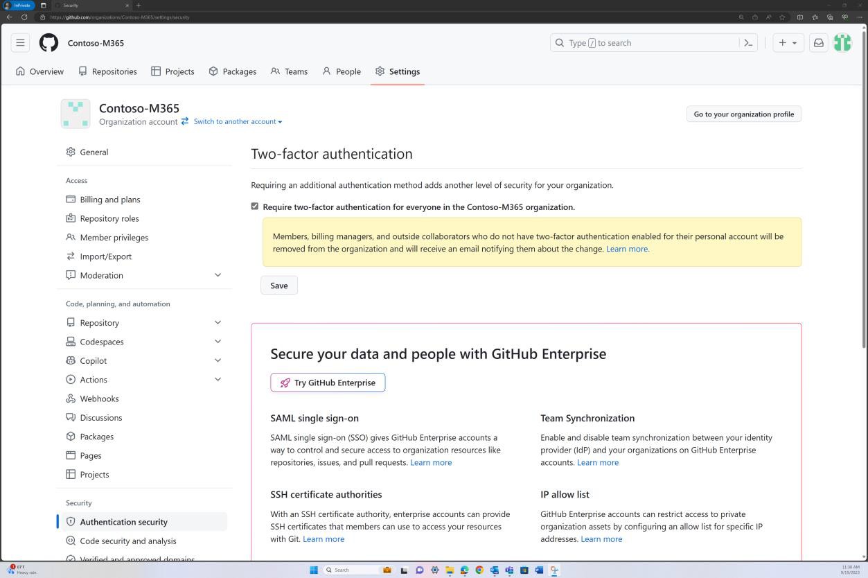 Impostazioni di sicurezza dell'autenticazione dell'organizzazione di GitHub che richiedono l'autenticazione a due fattori.