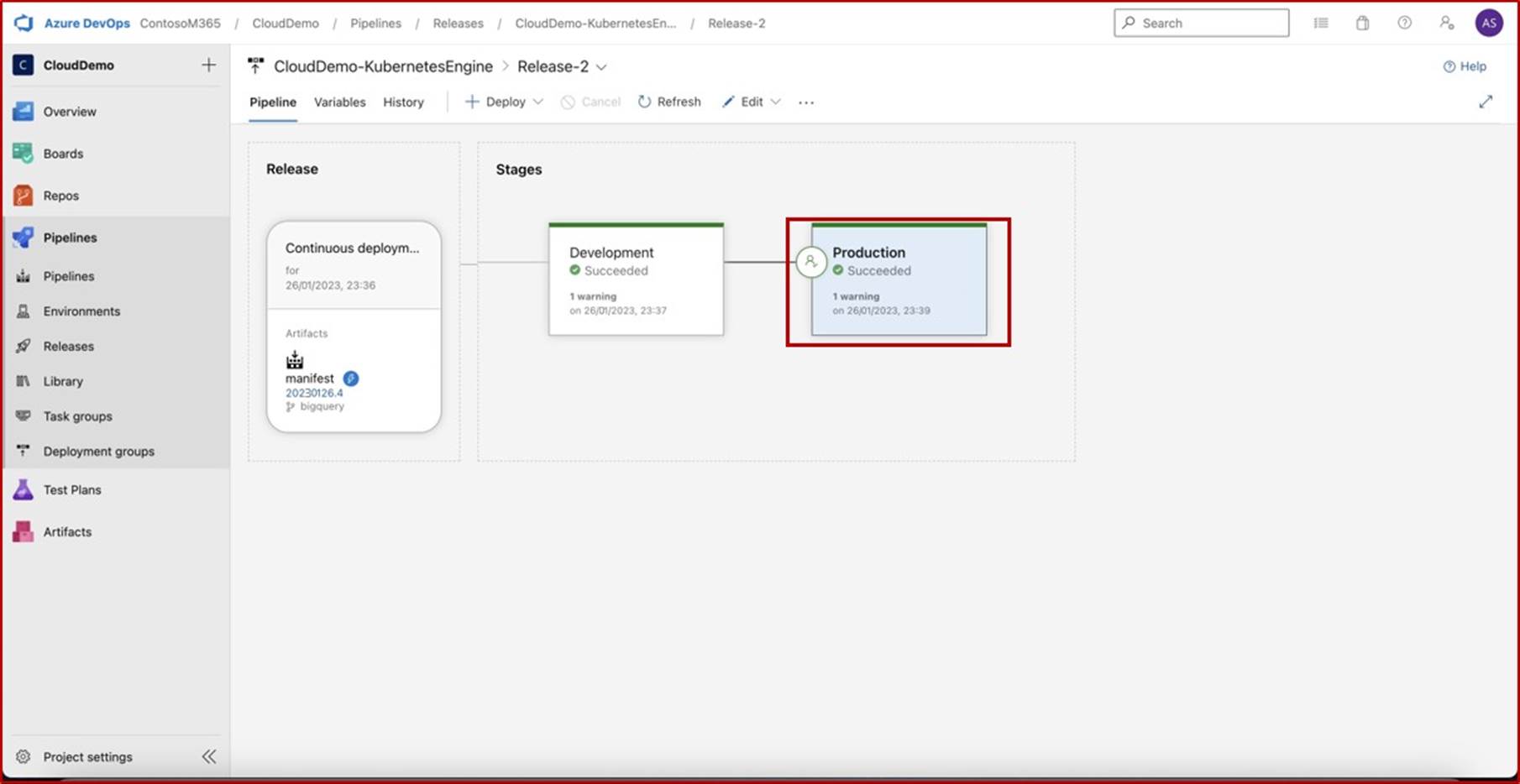 Azure pipeline DevOps con produzione con esito positivo.