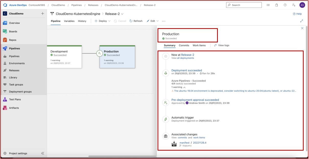 Azure pipeline DevOps con produzione evidenziata e riepilogo della distribuzione.