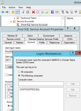 Pannello delle proprietà dell'account del servizio SQL Prod con workstation di accesso aperte e CONTOSOPRODSQL selezionato.