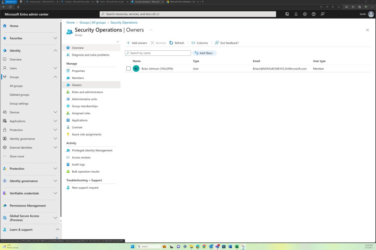 Microsoft Entra pagina dei proprietari delle operazioni di sicurezza.