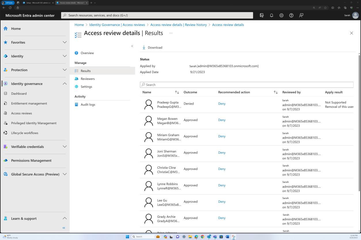 Interfaccia di amministrazione di Microsoft Entra i risultati delle verifiche di accesso da parte dell'utente.