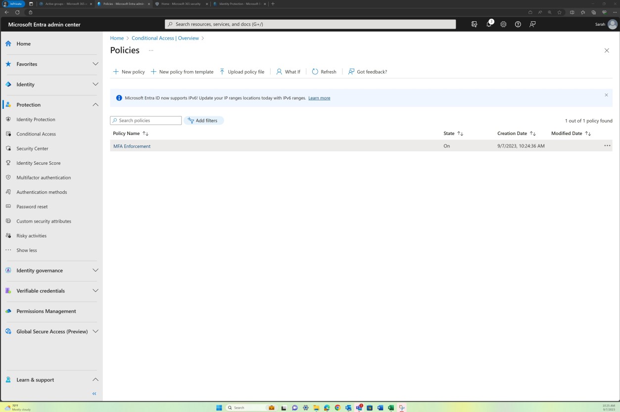 Interfaccia di amministrazione di Microsoft Entra panoramica dei criteri e pagina di ricerca.
