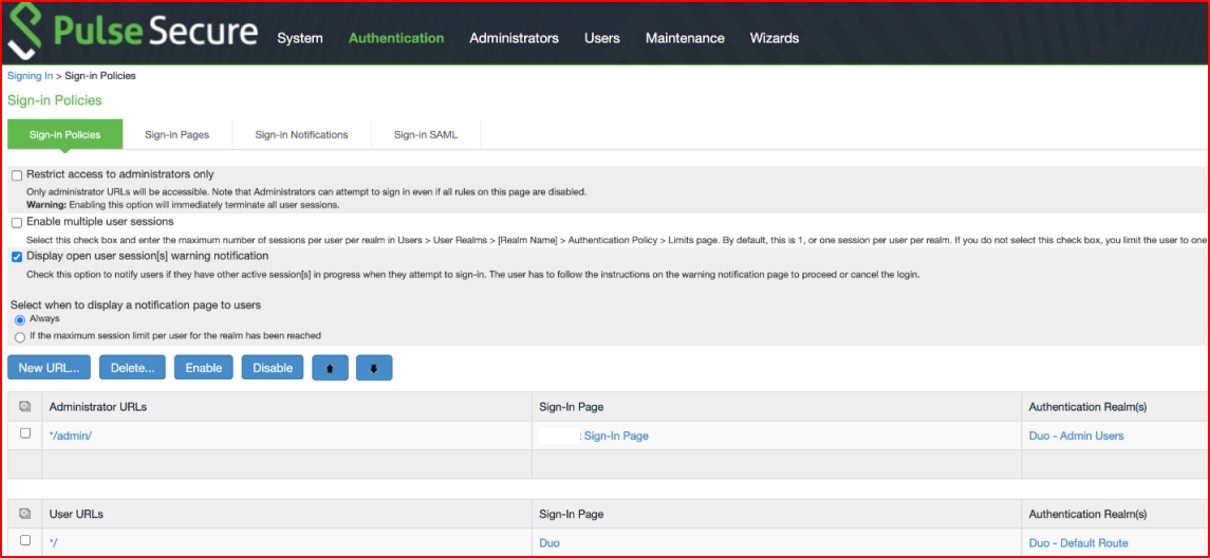 Criteri di accesso PulseSecure e URL amministratore.
