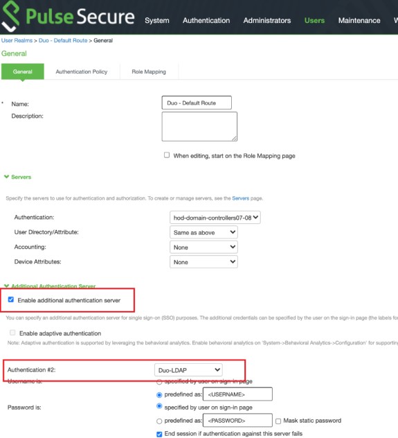 Impostazioni dei criteri di accesso PulseSecure con l'opzione Abilita server di autenticazione aggiuntivo e l'autenticazione #2 Duo-LDAP evidenziata.