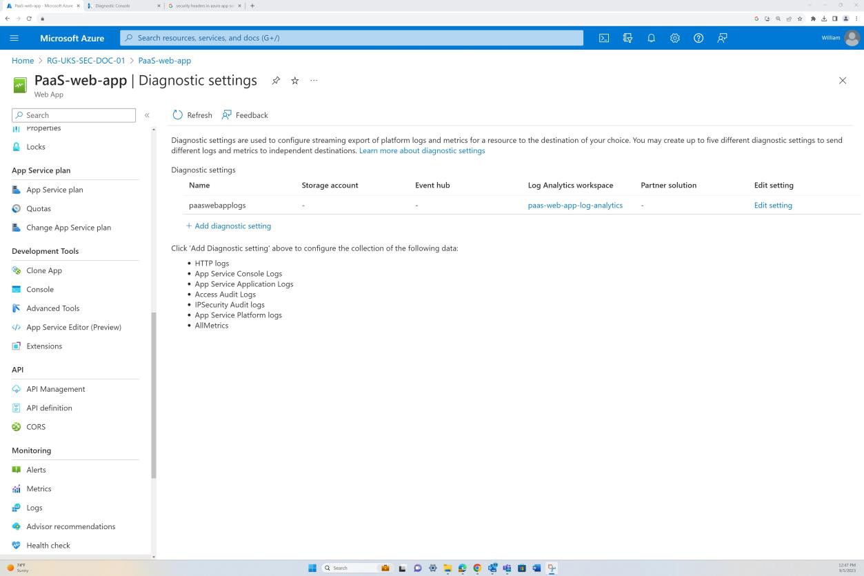 Pagina di destinazione delle impostazioni di diagnostica delle app di Microsoft Azure.