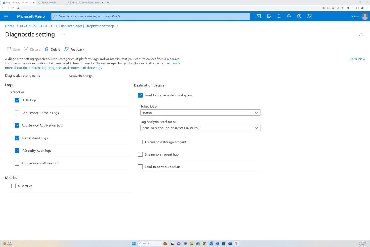 Microsoft Azure i log delle impostazioni di diagnostica dell'app e le opzioni dei dettagli di destinazione.