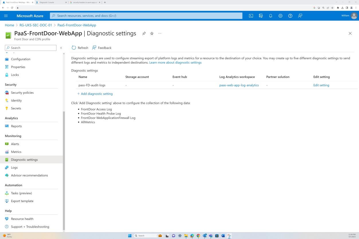 Dashboard di panoramica delle impostazioni di diagnostica delle app di Microsoft Azure per PaaS-FrontDoor-WebApp.