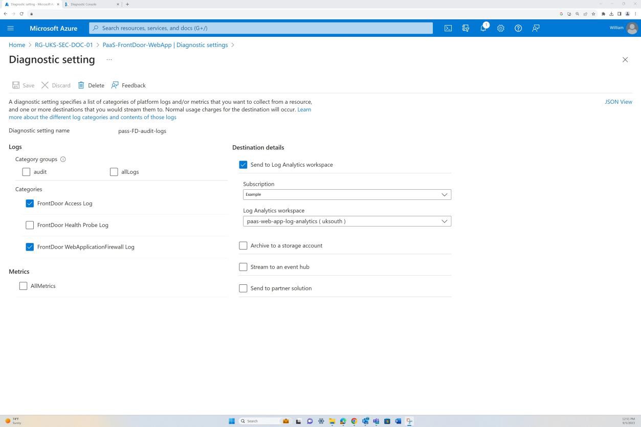 Microsoft Azure le impostazioni di diagnostica dell'app con i log e le opzioni delle metriche.