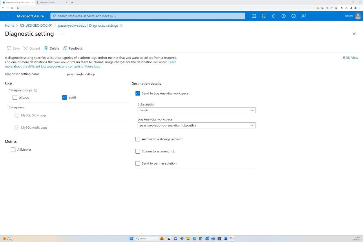 Microsoft Azure le impostazioni di diagnostica dell'app con i dettagli di destinazione.