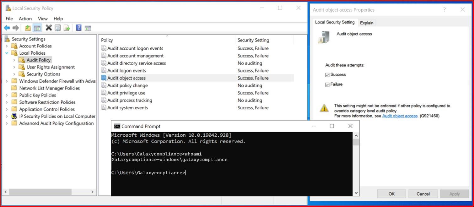 Impostazioni dei criteri di sicurezza locali di Windows con prompt dei comandi.