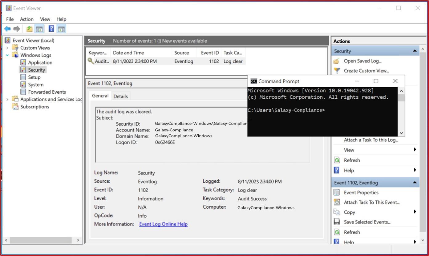 Visualizzatore eventi locale di Windows con richiesta CMD nella sottodirectory galaxy-compliance.