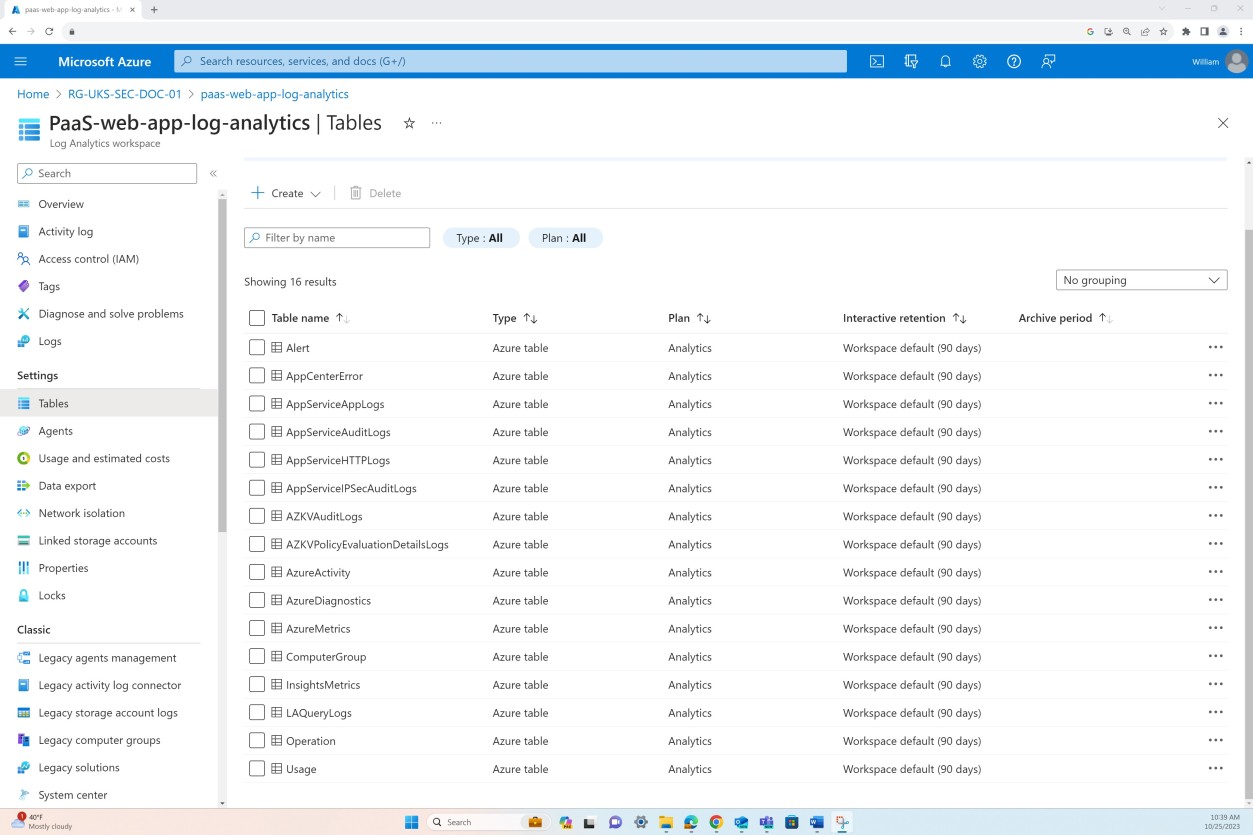 Azure pagina Tabelle con la tabella di log analytics.