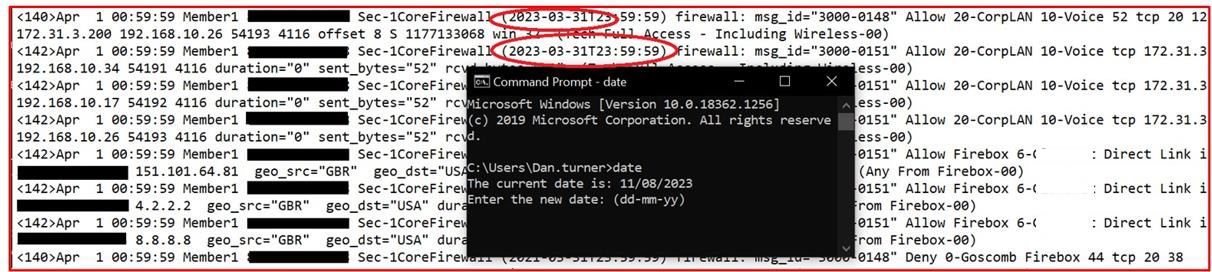 Report del log del prompt dei comandi con due date cerchiate in rosso.