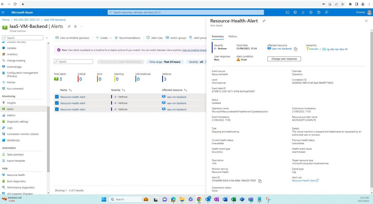 Azure dashboard degli avvisi con l'avviso di integrità delle risorse.
