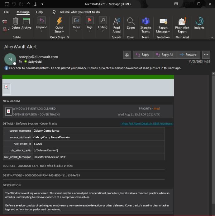 Email avviso in Outlook da AlienVault con un nuovo avviso di allarme e dettagli.